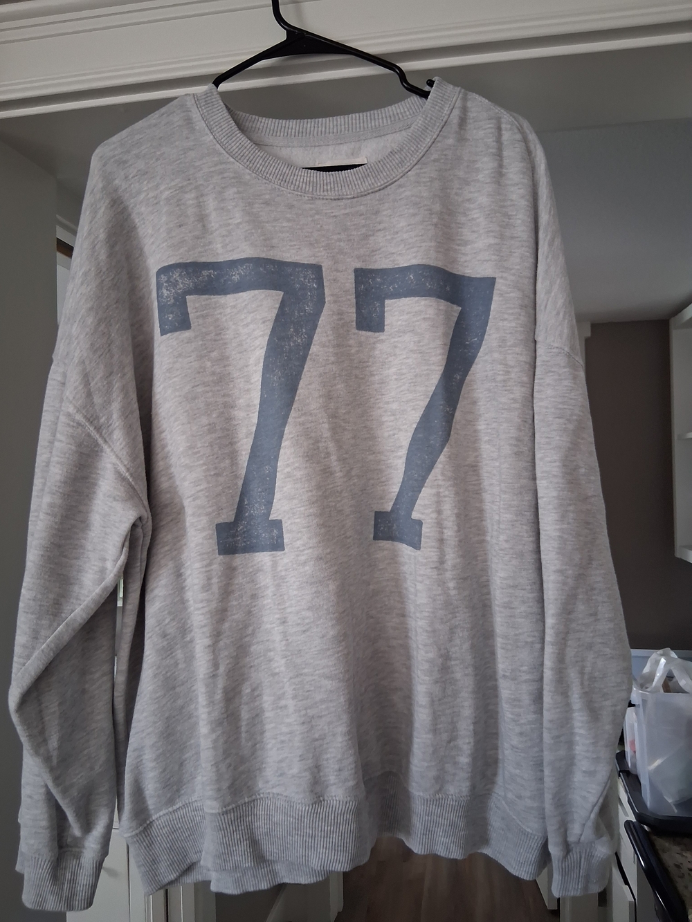 American Eagle Outfitters Light Gray Crewneck with Blue '77 Graphic